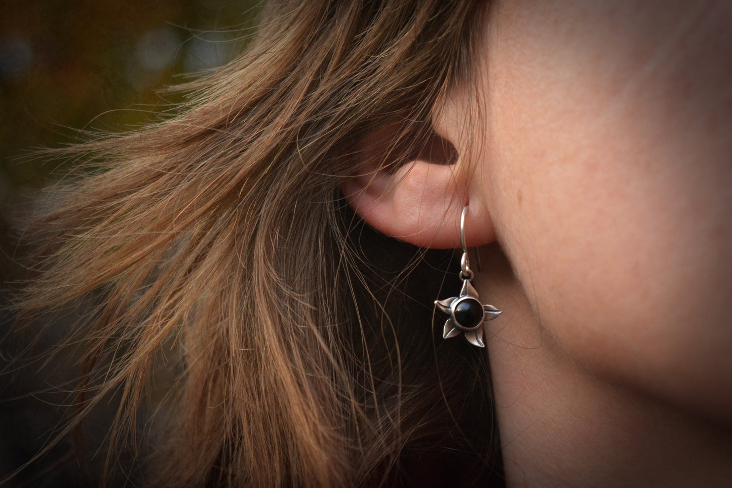 Small belladona berry earrings ~ silver and onyx cabochon