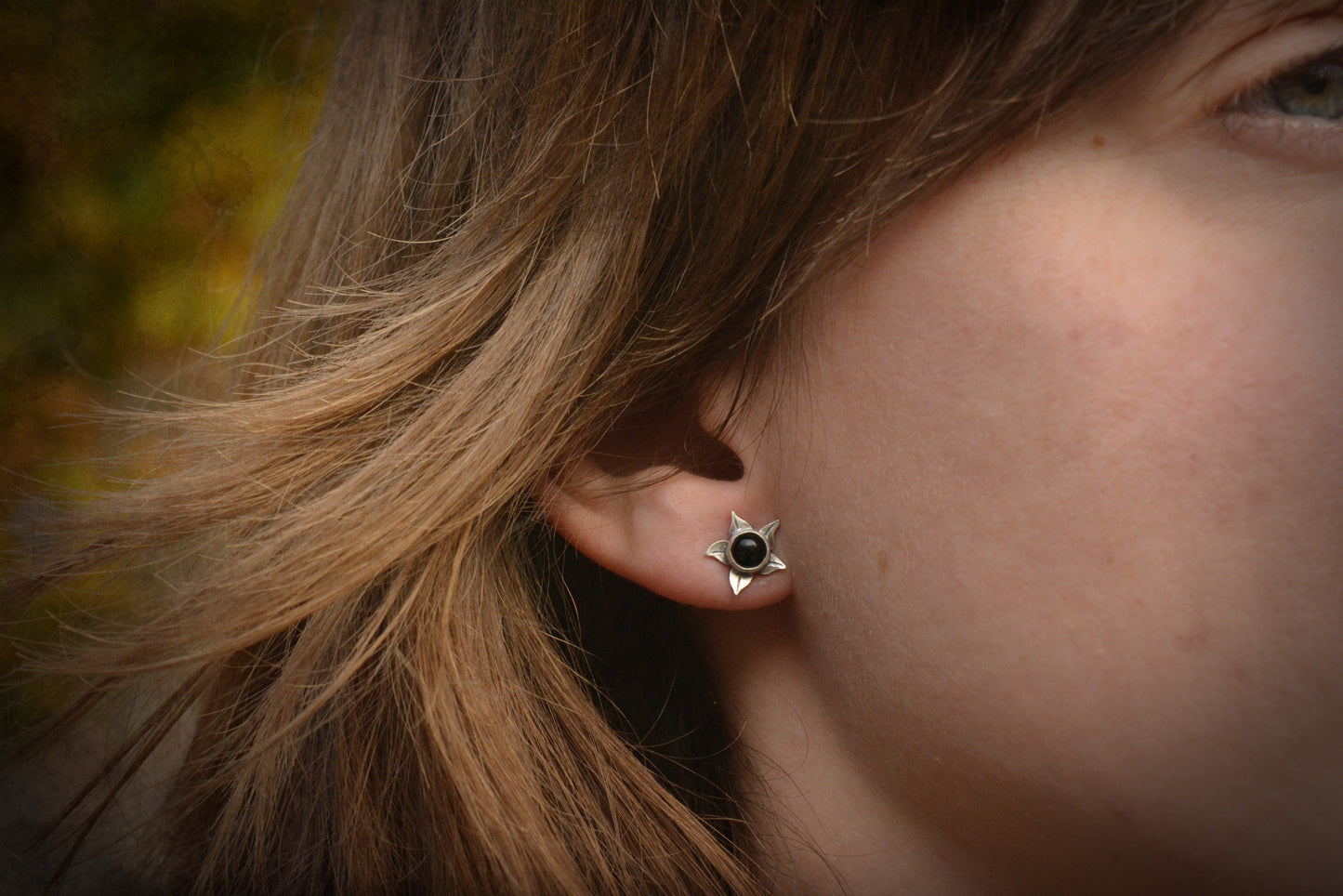 Small belladona berry stud earrings with onyx