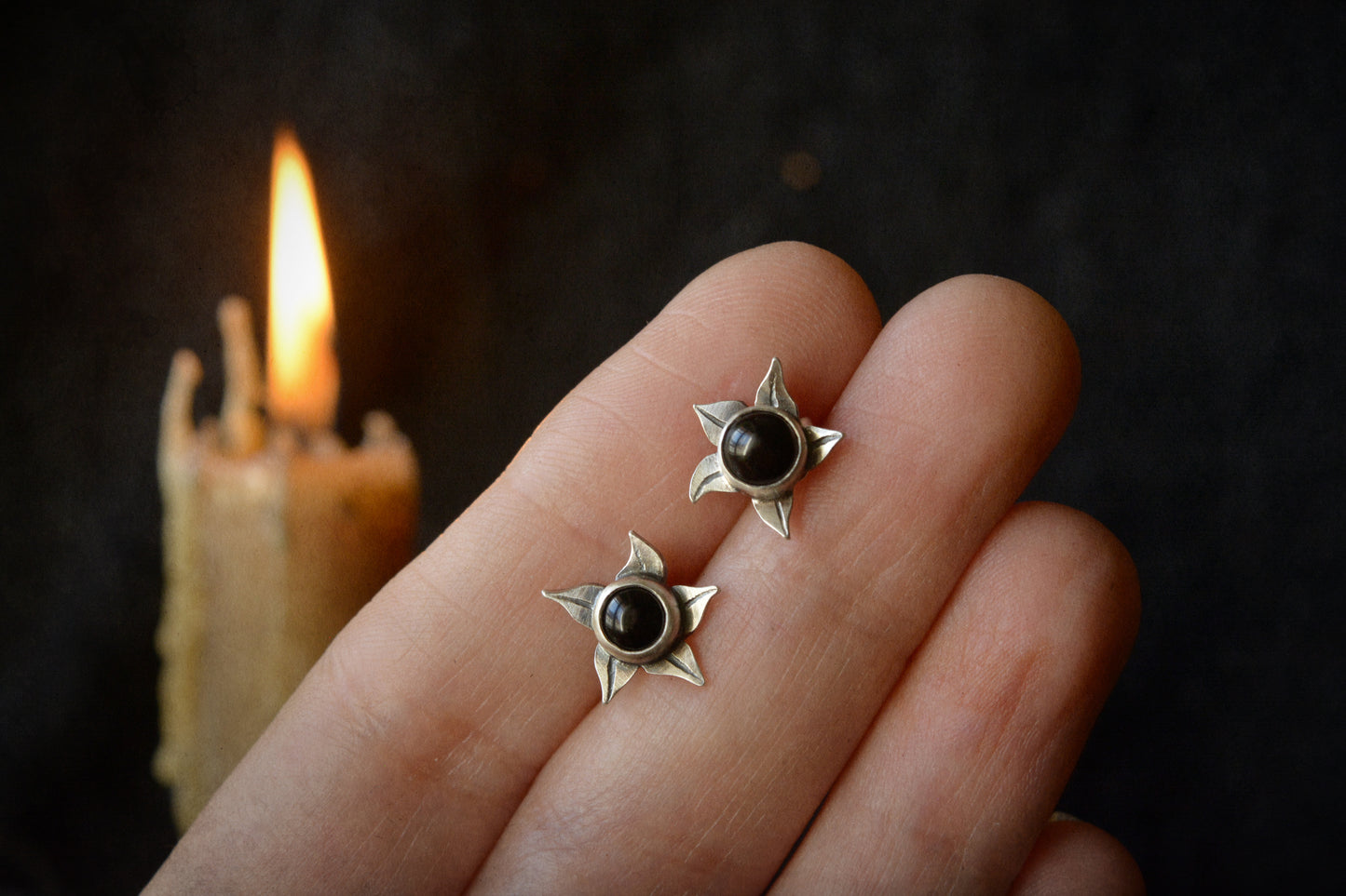 Small belladona berry stud earrings with onyx