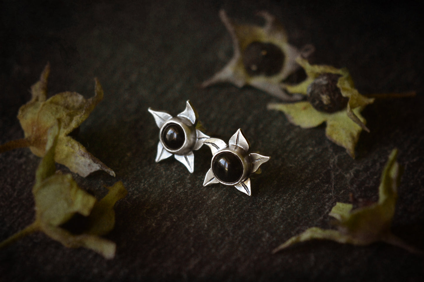 Small belladona berry stud earrings with onyx