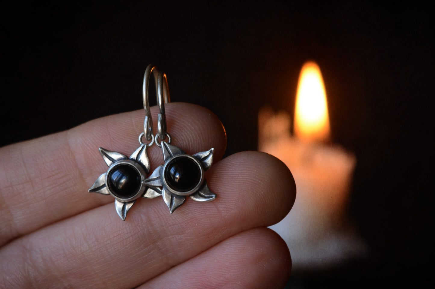 Small belladona berry earrings ~ silver and onyx cabochon