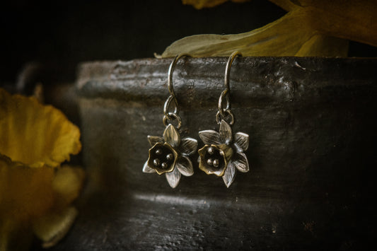Narcissus hook earrings ~ silver and brass