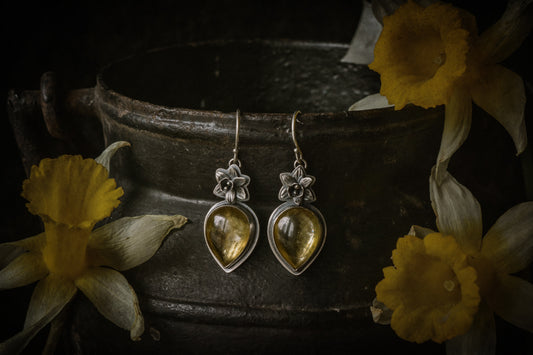 Narcissus hook earrings ~ silver and yellow lepidolite