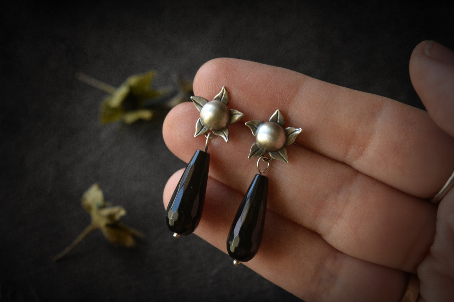 Belladona drop earrings with faceted onyx bead